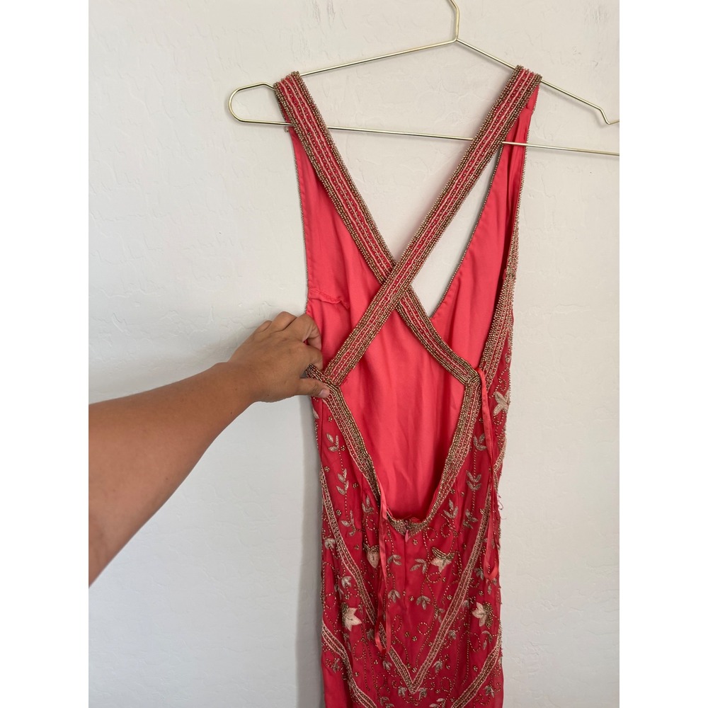 CACHÉ LUXE Coral Beaded Allover Floral Open Back Floor Length Gown Vintage Sz 2 - Picture 6 of 15